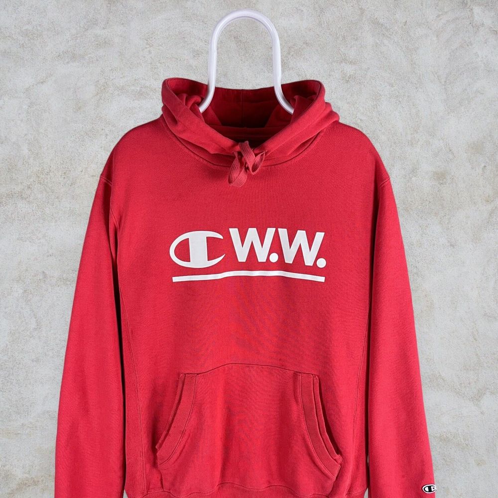 Champion by Wood Wood Hoodie Red Reverse Weave Heavyweight Mens Medium - Picture 2 of 5